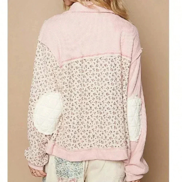 Pink Multi Casual Women's Floral Exposed Seam Button Up Quilted Jacket - Picture 3 of 5